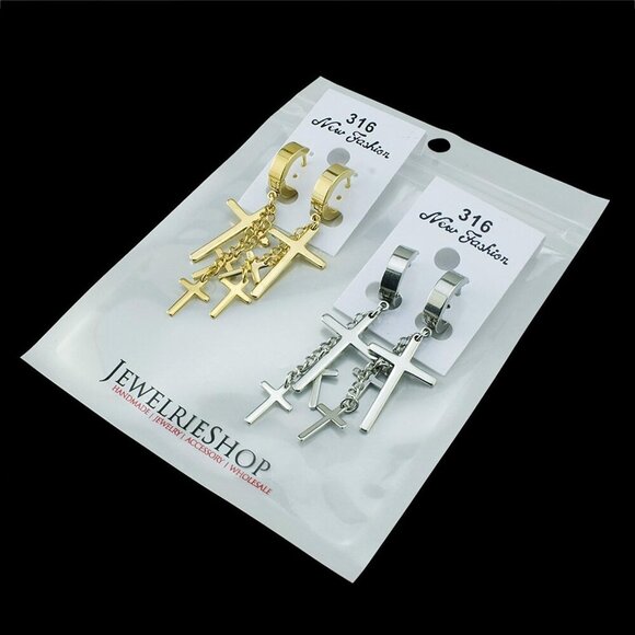 Contemporary Cross Tassel Hoop Earrings in Durable Stainless Steel - 2 Pairs - Picture 7 of 7